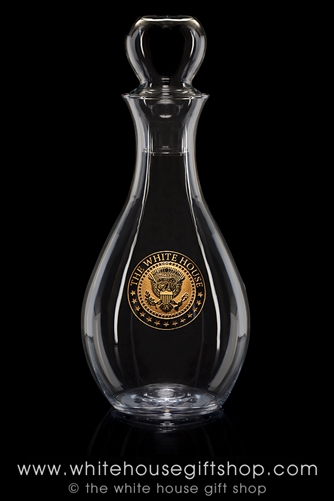 White House Glass Wine Decanter with Presidential Seal etched in gold, made in the USA, refined, simple lines, from the original official White House Gift Shop glassware gifts collection, since 1946 by order of President Truman.