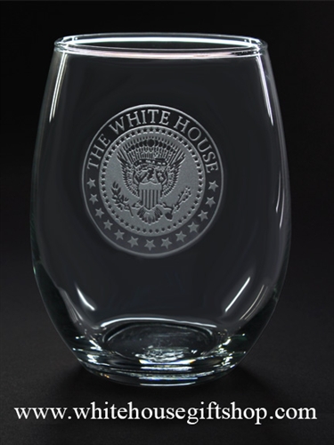 White House Glassware Sets,  Presidential Seal,,Etched ,Set of 2 Stemless Wine Drinking Glasses from White House Gift Shop Est 1946, Made and Etched in America, Made in USA