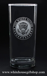 White House Presidential Eagle Seal, clear etched tall glass set, 15 oz glasses, made in the USA with lead free glass, chip resistant rim, dishwasher safe,permanently etched with elegant White House Seal from the official White House Gift Shop since 1946.