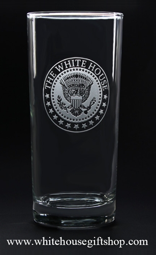 White House Presidential Eagle Seal, clear etched tall glass set, 15 oz glasses, made in the USA with lead free glass, chip resistant rim, dishwasher safe,permanently etched with elegant White House Seal from the official White House Gift Shop since 1946.