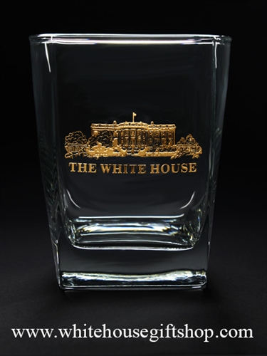 Glassware, The White House, Double Old Fashioned Glasses, Set of Four, 15 Ounces, Gold Etched White House Architecture on Glass, Made in USA by American Glass Workers, CUSTOM, ALLOW 3 WEEKS FOR DELIVERY