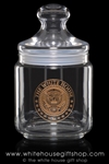 White House Candy Jar with bold gold etching of Presidential Eagle Seal, 7 inches tall, great White House Seal gifts collection, etched in the USA, offered by the original official White House Gift Shop, since 1946.