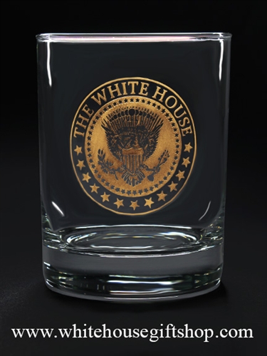 Presidential Seal White House Glasses,  Set of 2 14 ounce double old fashioned or on the rocks style glassware, each glass etched with White House Eagle Seal of President, custom made for White House Gift Shop since 1946 by order of the President.