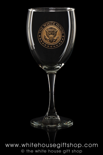 White House Wine Glass Goblets, chip resistant made in America glassware, Seal of President Trump with gold inlay, set of 2, Made in the USA of lead free glass. from Presidential Glassware collection of Official White House Gift Shop, since 1946.