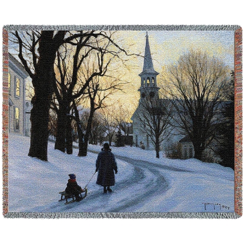 American Winter Snowy Evening Tapestry Throw Blanket Sale