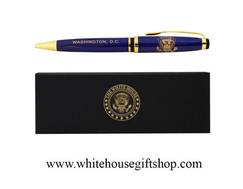 Presidential Eagle Seal Pen Blue, Gold trim, ballpoint pen, in custom  white house pen box, available from the original official White House Gift Shop since 1946 by Presidential Order.