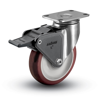 Stainless Steel Medium Duty 4x1-1/4 PolyUrethane Swivel Caster with Tech-Lock Brake