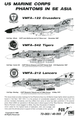 Fox One Decals 72-003 - US Marine Corps, Phantoms in SE Asia