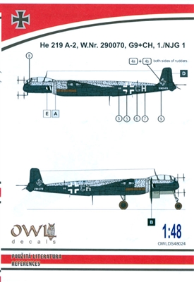 Owl Decals OWLDS48024 - He 219 A-2, W. Nr. 290070, G9+CH, 1./NJG 1