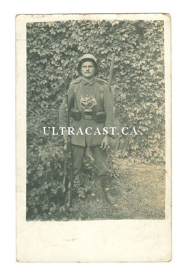German Soldier with Gas Mask and Steel Helmet, Original WW1 Photo