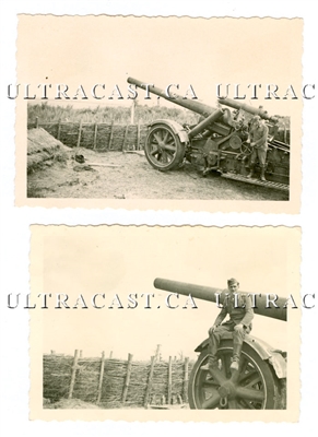 German 21 cm Artillery Gun in Firing Position, 2 photo set, Original WW2 Photos