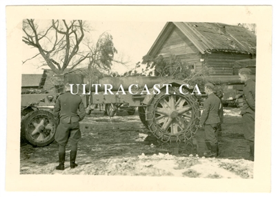 SS Soldiers beside 21 cm Artillery Gun with Wheel Chains, Russia, Original WW2 Photo