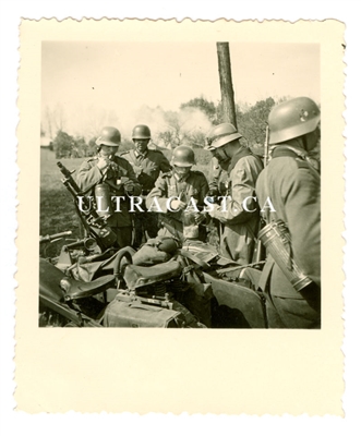 German Soldiers and Motorcycle with Sidecar mounted MG34, Original WW2 Photo