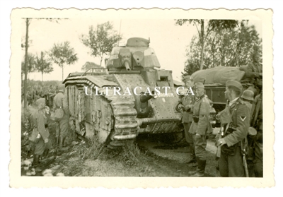 Column of German Soldiers Passing a French Char B Tank Named "Bourgueil" No. 355, France 1940, Original WW2 Photo