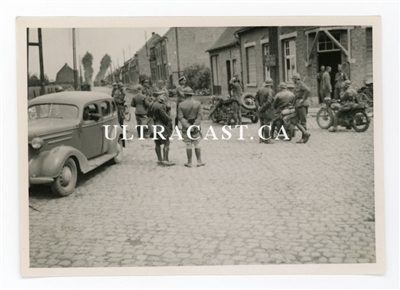 German Soldiers with Captured French Motorcycle Troops and Officers, France 1940, Original WW2 Photo