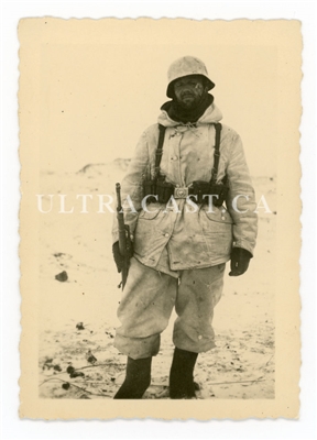 German Soldier With Facial Wound Wearing Winter Uniform with K98, Russia, Original WW2 Photo