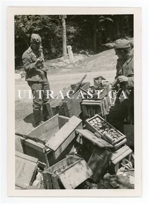 German Soldiers Examining Captured French and Belgian Weapons and Ammunitions, France 1940, Original WW2 Photo