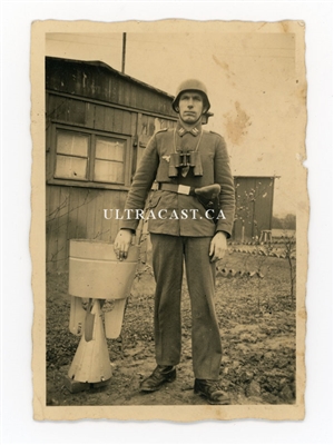 German Soldier with Luger and Tail Cone of British Bomb, Original WW2 Photo