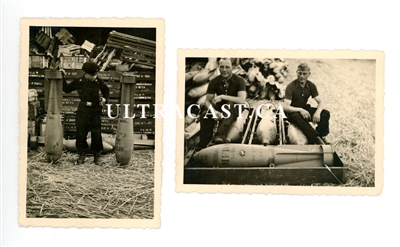 German Tank Crewmen with Captured French Aerial Bombs, France 1940, Original WW2 2-Photo set