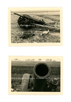 Destroyed German 10.5 cm Artillery Gun, 2-photo set, Original WW2 Photo