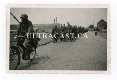 German Soldier on Bicycle escorting Belgian POW's, 1940, Original WW2 Photo