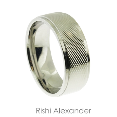 Stainless steel diagonal lines mens wedding band ring  8 mm wide