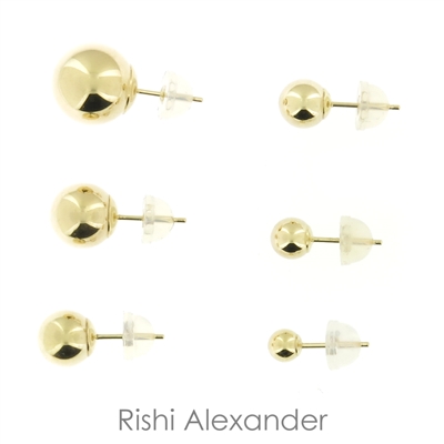 Ball stud earrings that are made form solid 14kt Gold that sizes 2mm perfect for cartilage upper ear to 14mm perfect for lower ear lobe available stamped 925 sold by Rishi Alexander