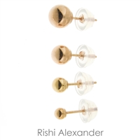 Ball stud earrings that are made form solid 14kt Gold that sizes 2mm perfect for cartilage upper ear to 14mm perfect for lower ear lobe available stamped 925 sold by Rishi Alexander