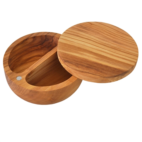 OLIVE WOOD LARGE SALT/PEPPER CELLAR WITH MAGNETIC PIVOTING LID