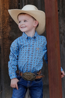 Cinch Infant Summer Sky Blue with Cream and Gold Medallion Print Long Sleeve Shirt