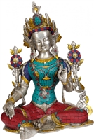 Green Tara White Brass with Gem Inlays  - 15 Inch SHIPS FREE WORLDWIDE