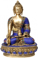Medicine Buddha Brass Statue with Inlays 12.5 Inch