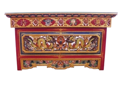 Hand Carved and Painted Puja Table with the Dragon and Eternal Knot