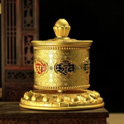Gold Plated 8 Om Mani ls Table Top Prayer Wheel 5 inches