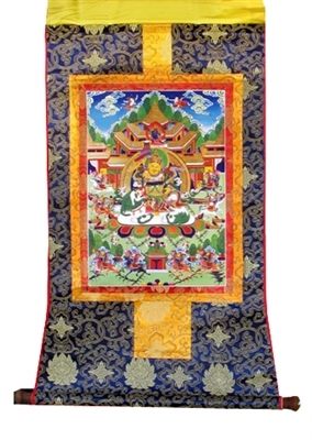 Namtose  ( Vaishravana ) Brocaded Print Thangka with Gold Leaf