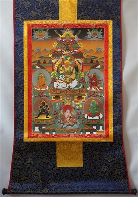 Namtose  ( Vaishravana ) & The Five Dzamabhala's Brocaded Print Thangka 24 inches