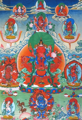 Very Rare Red Chenrezig with Consort Silk Print Thangka