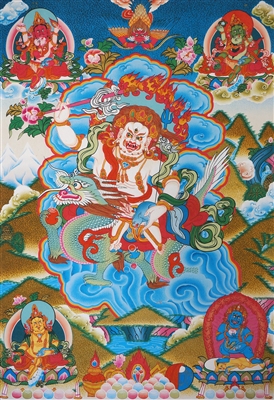 Yellow Dzambhala with Red, Green, White & Black Dzambhala Silk Print Thangka