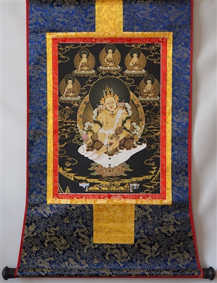 Yellow Dzambhala & The Five Buddha's Thangka 32 inches