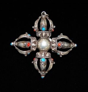 Antique Double Silver Dorje with Turquoise & Coral from Bhutan