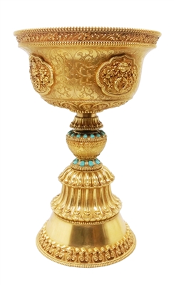 Large 8 Auspicious Symbols Brass Butterlamp 9.5 Inches