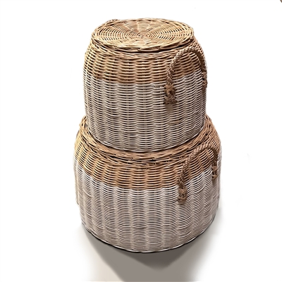 S/2 Lidded Round Basket Straw Handles White Wash and Natural  16x10'/12x9'