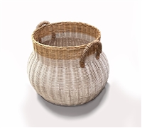 Vintage Globular Basket Straw Handles White Wash and Natural 18x14'