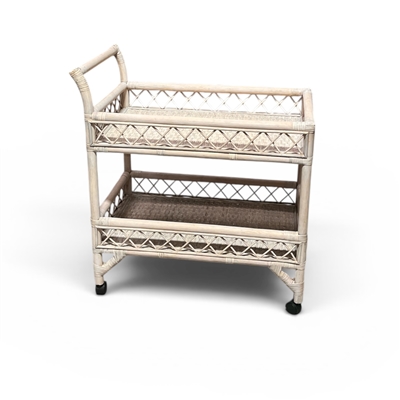 Rattan Bar Cart White Wash Finish 30" x 17.5" x 32"H on casters