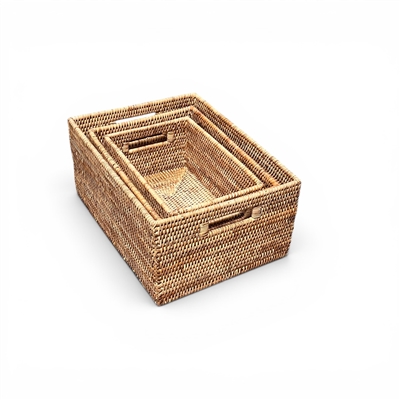 Rectangular Set of 3 Baskets w/ Handles - Natural Matte 12x15.5x7.5'/10x14x6.25'/8x12x5'