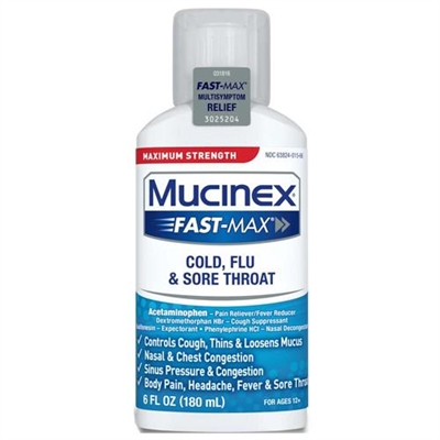 Mucinex Maximum Strength Fast Max Cold, Flu and Sore Throat Liquid 6oz / 180ml