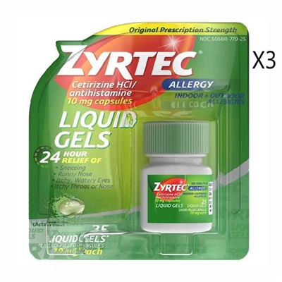 Zyrtec Allergy 24 Hour Relief 25 Liquid  Gels 3 Packs