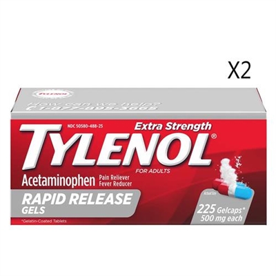 Tylenol Extra Strength Pain Reliever Rapid Release 225 Gelcaps 2 Packs
