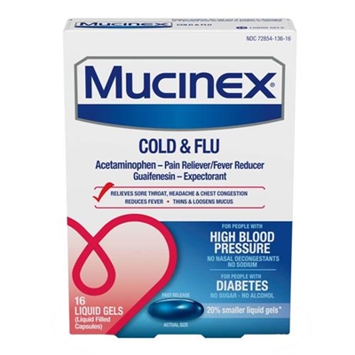 Mucinex Cold and Flu High Blood Pressure + Diabetes 16 Liquid Gels