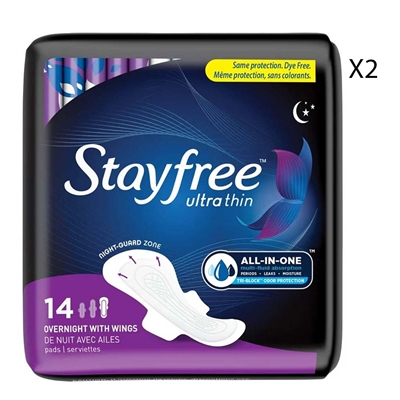 Stayfree Ultra Thin Overnight Pads with Wings 14 Count 2 Packs